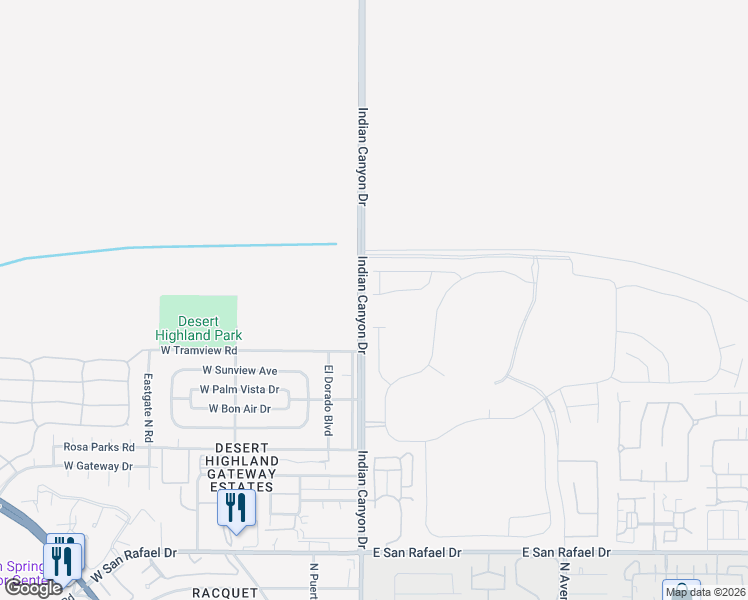 map of restaurants, bars, coffee shops, grocery stores, and more near 121 Mustang Lane in Palm Springs