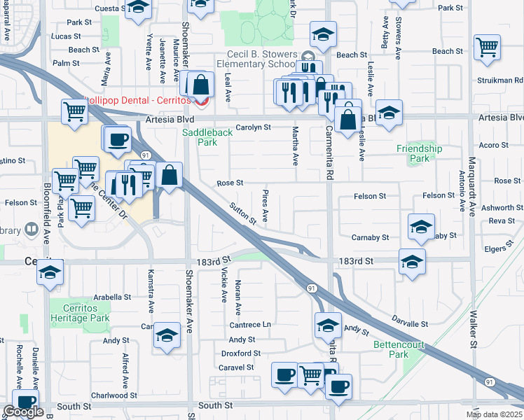 map of restaurants, bars, coffee shops, grocery stores, and more near 17907 Pires Avenue in Cerritos