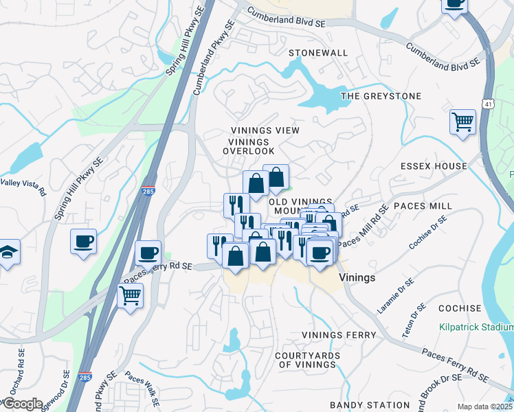 map of restaurants, bars, coffee shops, grocery stores, and more near 2849 Paces Ferry Road Southeast in Atlanta