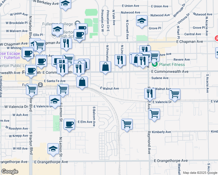 map of restaurants, bars, coffee shops, grocery stores, and more near 146 South Princeton Avenue in Fullerton