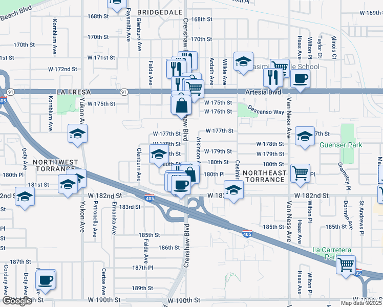 map of restaurants, bars, coffee shops, grocery stores, and more near 17904 Crenshaw Blvd in Torrance