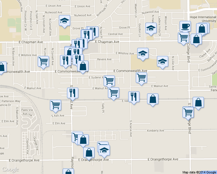 map of restaurants, bars, coffee shops, grocery stores, and more near 228 South Annin Avenue in Fullerton