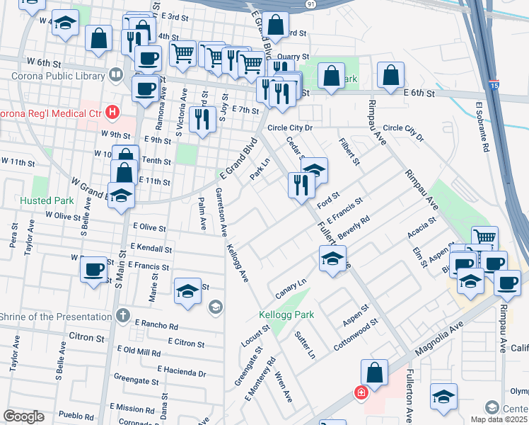 map of restaurants, bars, coffee shops, grocery stores, and more near 628 Lancer Lane in Corona