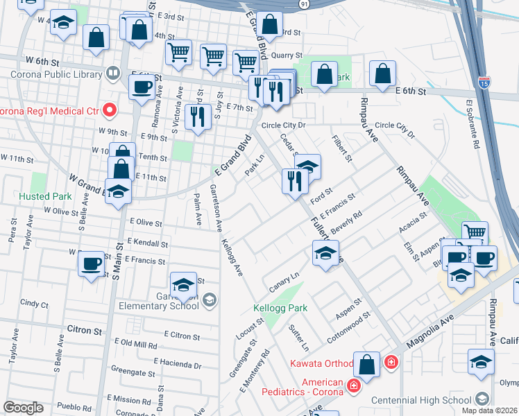 map of restaurants, bars, coffee shops, grocery stores, and more near 628 Lancer Lane in Corona