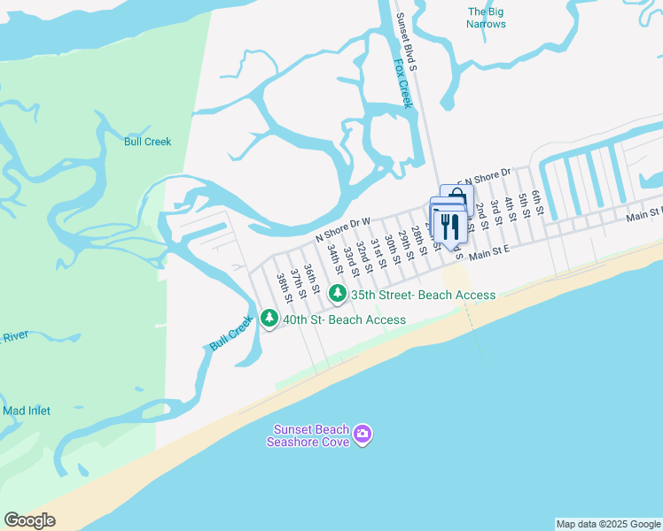 map of restaurants, bars, coffee shops, grocery stores, and more near 416 34th Street in Sunset Beach