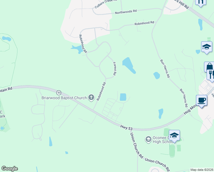 map of restaurants, bars, coffee shops, grocery stores, and more near 1811 Robinhood Road in Watkinsville