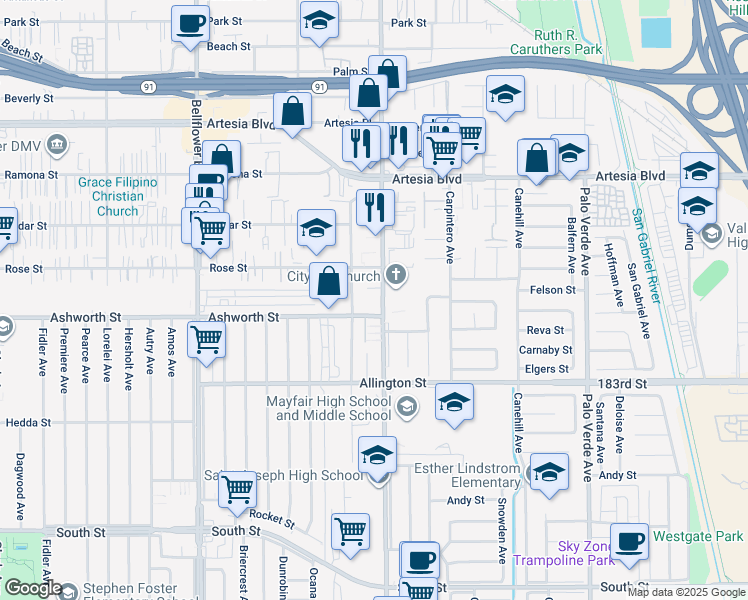 map of restaurants, bars, coffee shops, grocery stores, and more near 6237 Woodruff Avenue in Lakewood