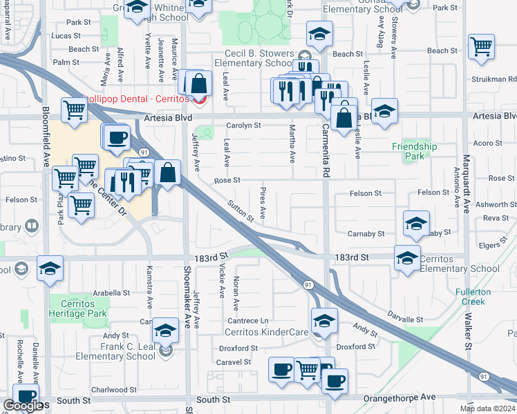 map of restaurants, bars, coffee shops, grocery stores, and more near 17907 Pires Avenue in Cerritos