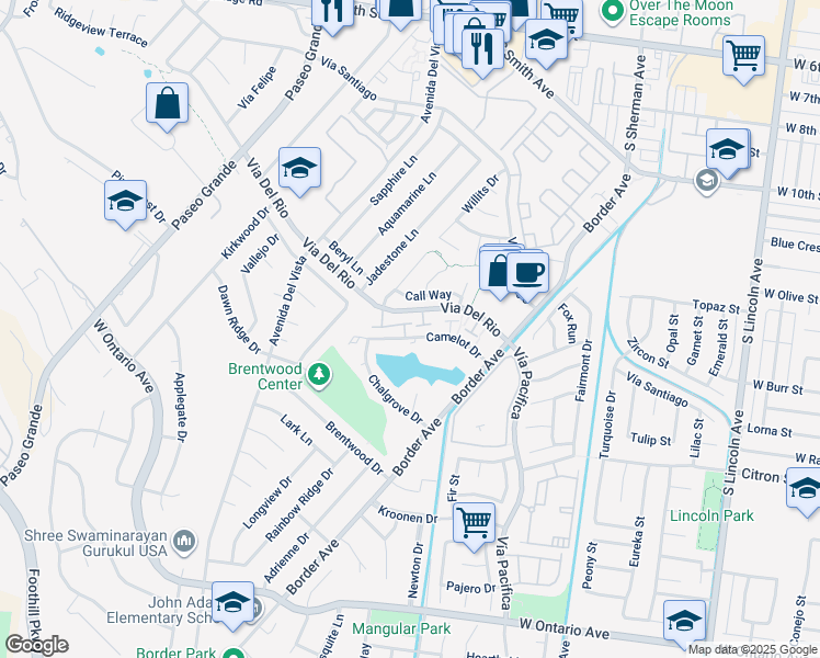 map of restaurants, bars, coffee shops, grocery stores, and more near 1505 Camelot Drive in Corona