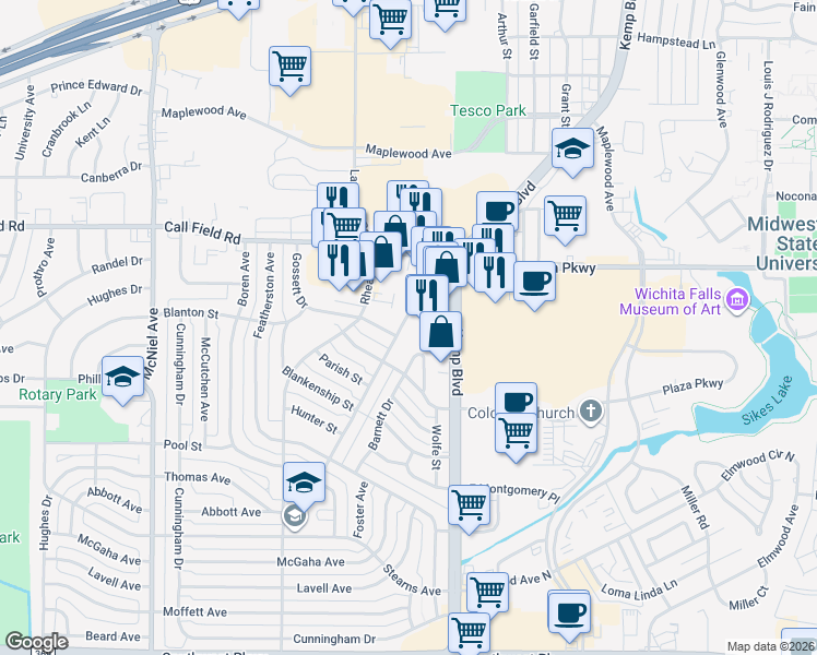 map of restaurants, bars, coffee shops, grocery stores, and more near 4117 Faith Road in Wichita Falls