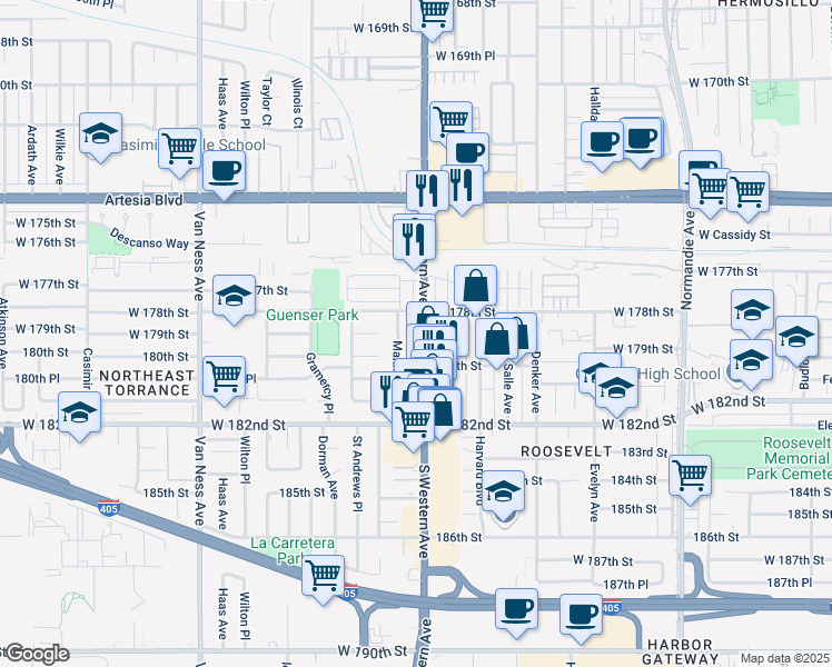 map of restaurants, bars, coffee shops, grocery stores, and more near 17821 South Western Avenue in Gardena