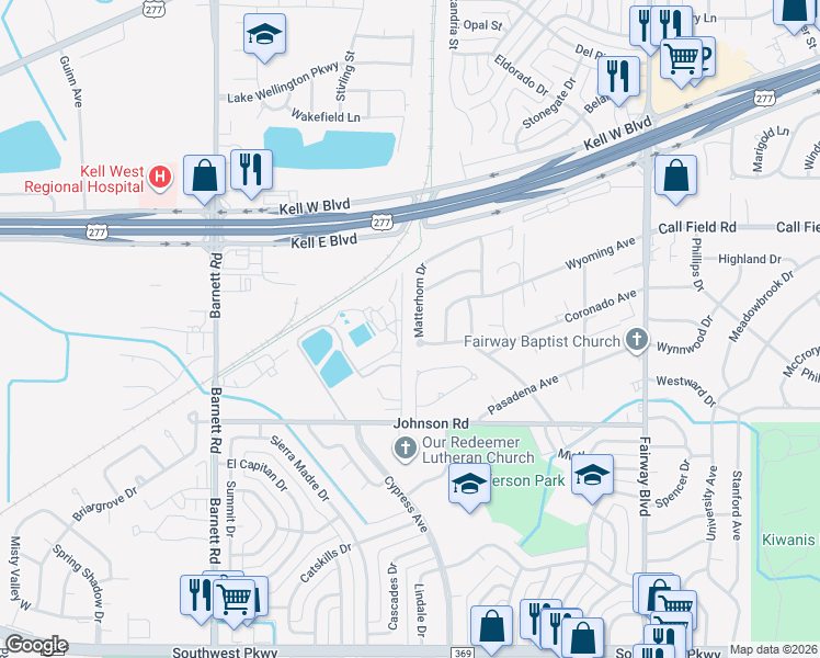 map of restaurants, bars, coffee shops, grocery stores, and more near Big Ed Neal Drive in Wichita Falls