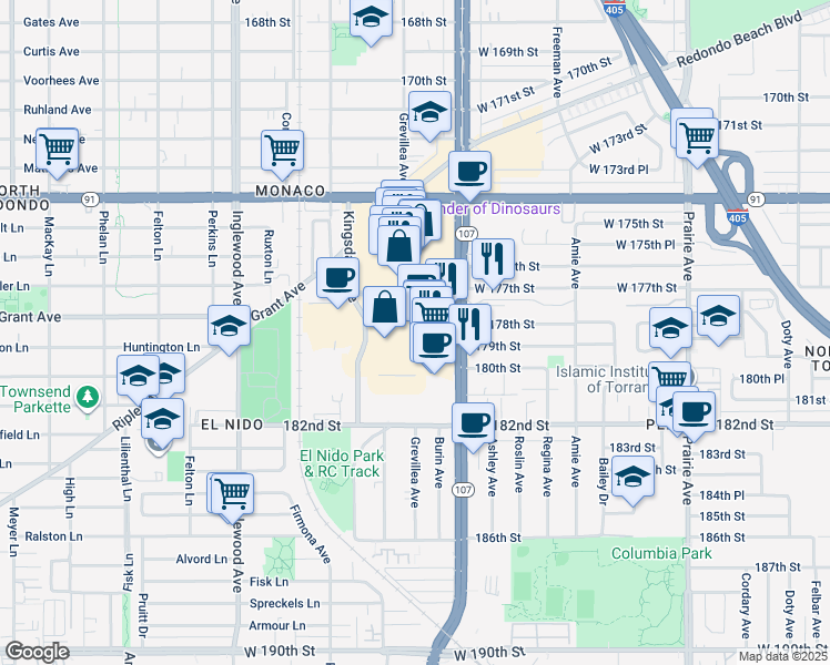 map of restaurants, bars, coffee shops, grocery stores, and more near 1515 Hawthorne Boulevard in Redondo Beach
