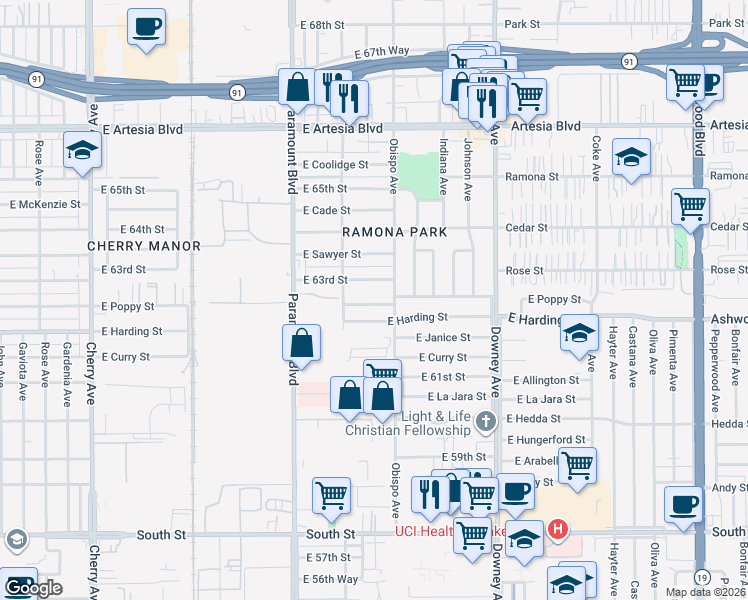 map of restaurants, bars, coffee shops, grocery stores, and more near 3123 East Poppy Street in Long Beach