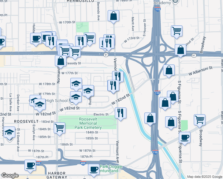 map of restaurants, bars, coffee shops, grocery stores, and more near 230 Amethyst Circle in Gardena