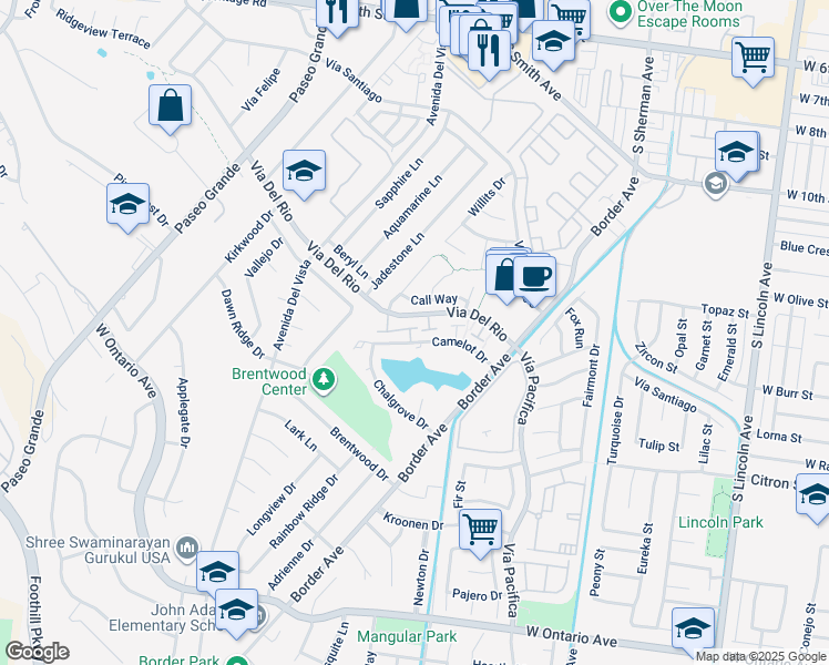 map of restaurants, bars, coffee shops, grocery stores, and more near 1505 Camelot Drive in Corona