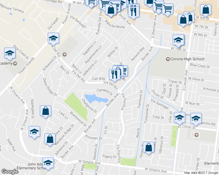 map of restaurants, bars, coffee shops, grocery stores, and more near 1366 Vía Del Rio in Corona