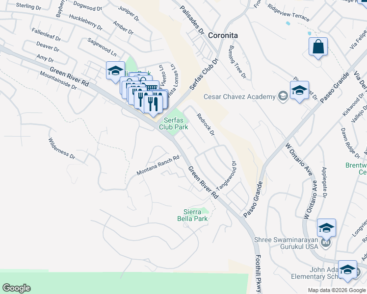 map of restaurants, bars, coffee shops, grocery stores, and more near 1480 Torreyanna Circle in Corona