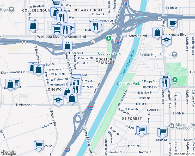 map of restaurants, bars, coffee shops, grocery stores, and more near 6249 Butler Avenue in Long Beach