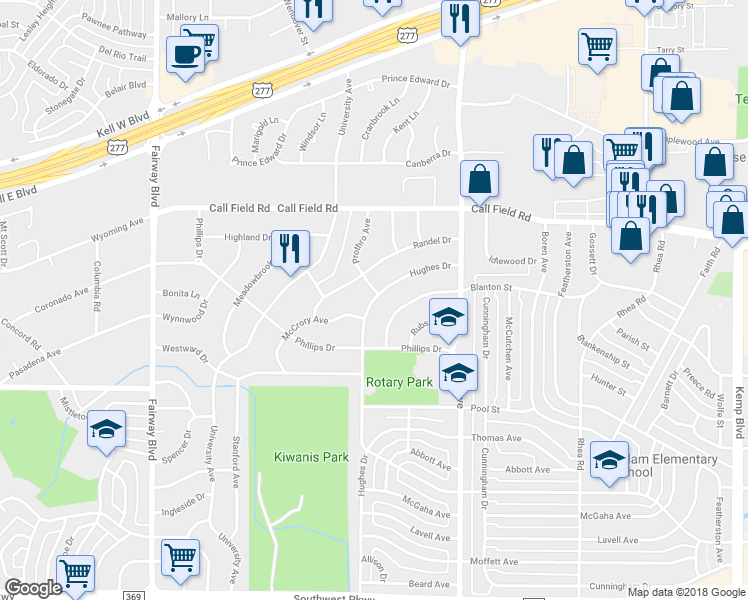map of restaurants, bars, coffee shops, grocery stores, and more near 4203 Hughes Drive in Wichita Falls