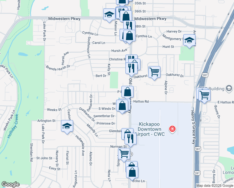 map of restaurants, bars, coffee shops, grocery stores, and more near 1511 P B Lane in Wichita Falls
