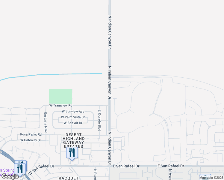 map of restaurants, bars, coffee shops, grocery stores, and more near 103 Mustang Lane in Palm Springs