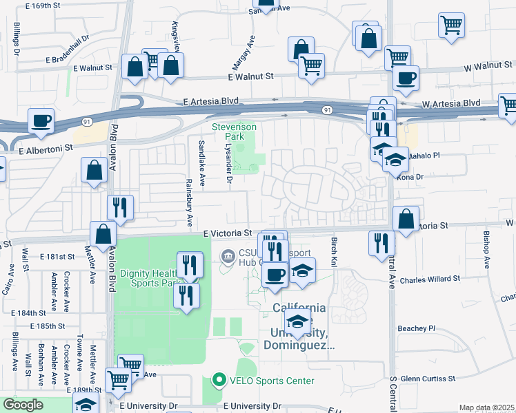 map of restaurants, bars, coffee shops, grocery stores, and more near 17819 Mackeson Court in Carson