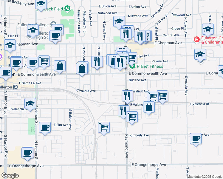 map of restaurants, bars, coffee shops, grocery stores, and more near 1001 East Walnut Avenue in Fullerton