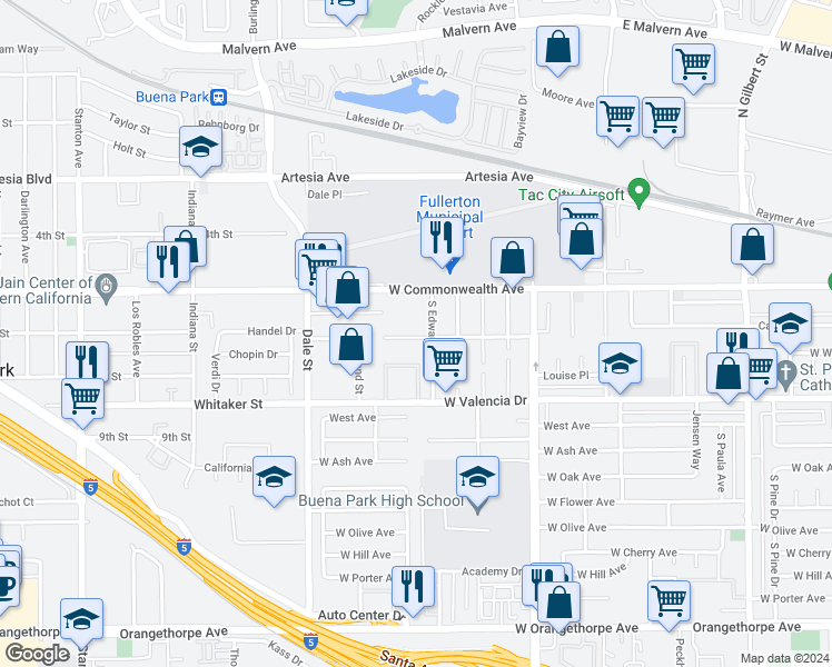 map of restaurants, bars, coffee shops, grocery stores, and more near 4109 Carol Drive in Fullerton