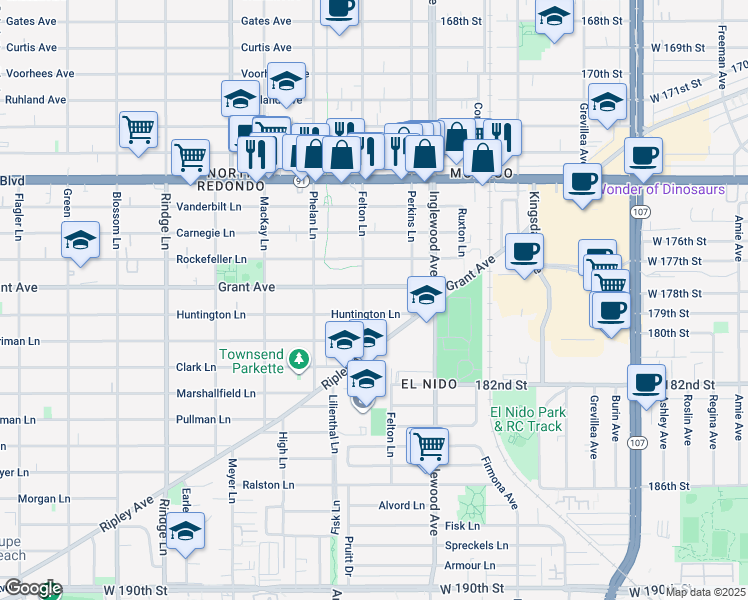 map of restaurants, bars, coffee shops, grocery stores, and more near 2604 Grant Avenue in Redondo Beach