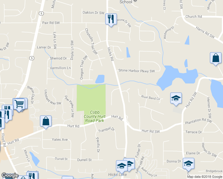 map of restaurants, bars, coffee shops, grocery stores, and more near 3520 Mill Creek Lane Southwest in Marietta