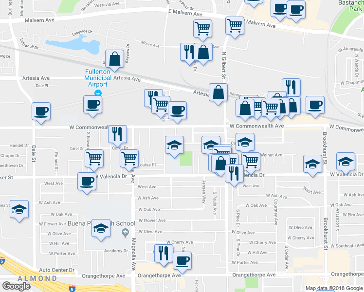 map of restaurants, bars, coffee shops, grocery stores, and more near 3216 Carol Drive in Fullerton