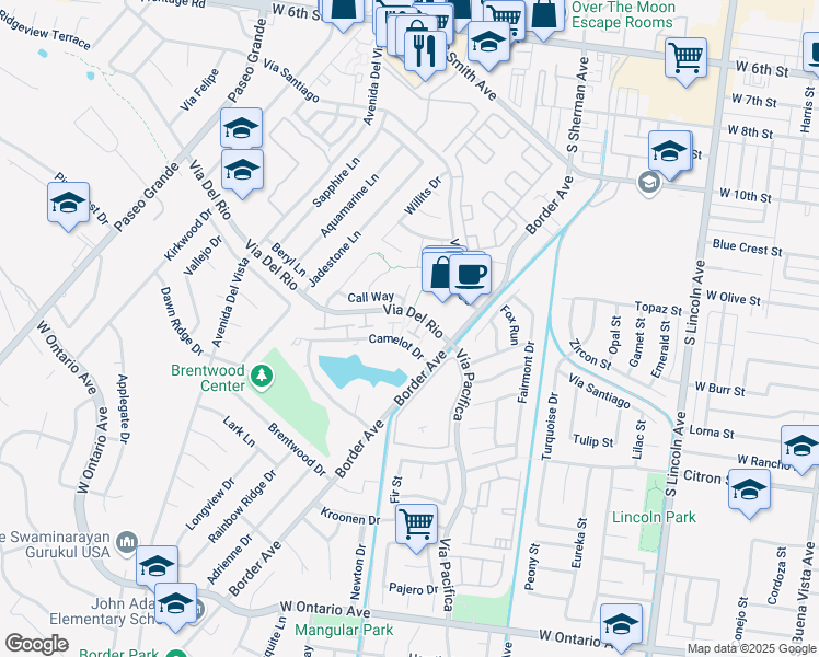 map of restaurants, bars, coffee shops, grocery stores, and more near 1366 Via Del Rio in Corona