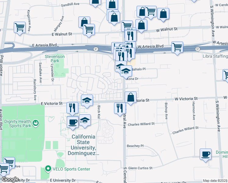 map of restaurants, bars, coffee shops, grocery stores, and more near 17809 Ash Court in Carson