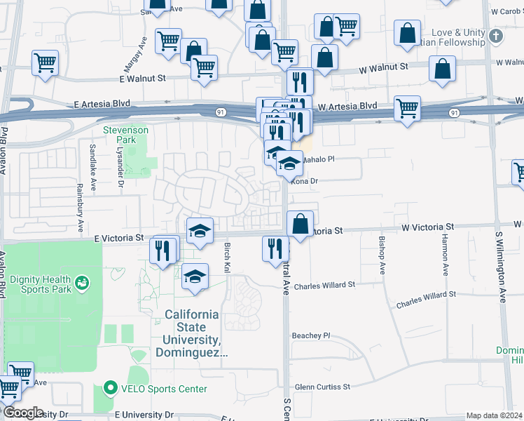 map of restaurants, bars, coffee shops, grocery stores, and more near 17809 Ash Court in Carson