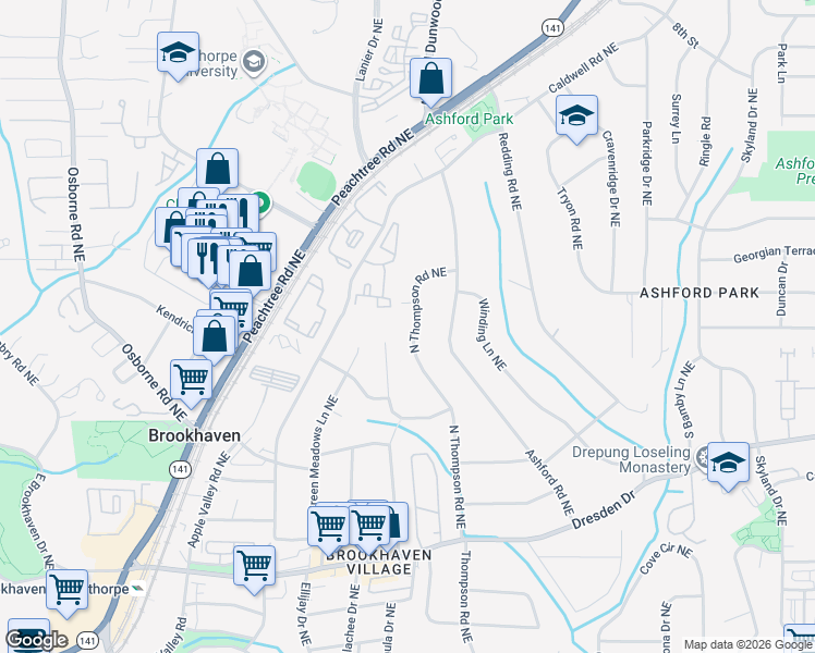 map of restaurants, bars, coffee shops, grocery stores, and more near 2790 North Thompson Road Northeast in Atlanta