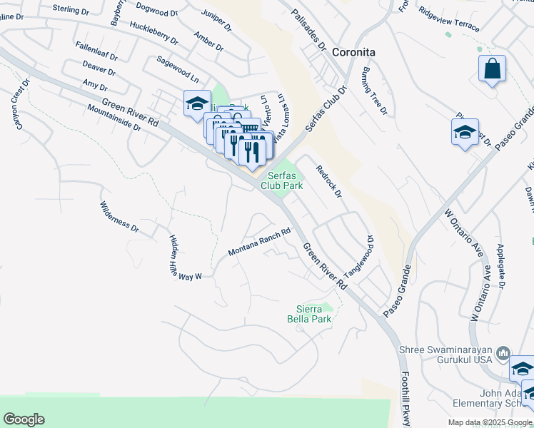 map of restaurants, bars, coffee shops, grocery stores, and more near 1448 Elegante Court in Corona