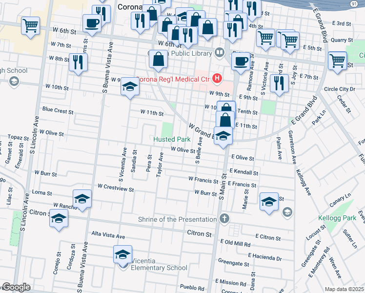map of restaurants, bars, coffee shops, grocery stores, and more near 1222 South Sheridan Street in Corona