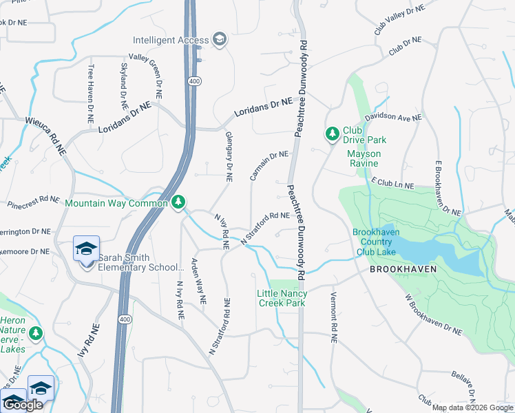 map of restaurants, bars, coffee shops, grocery stores, and more near 4190 North Stratford Road Northeast in Atlanta