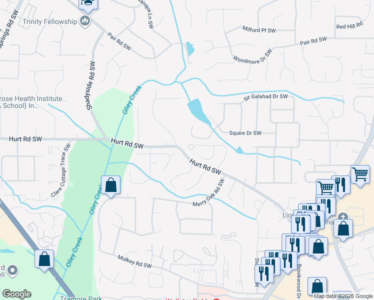 map of restaurants, bars, coffee shops, grocery stores, and more near 1841 Killarney Drive Southwest in Marietta