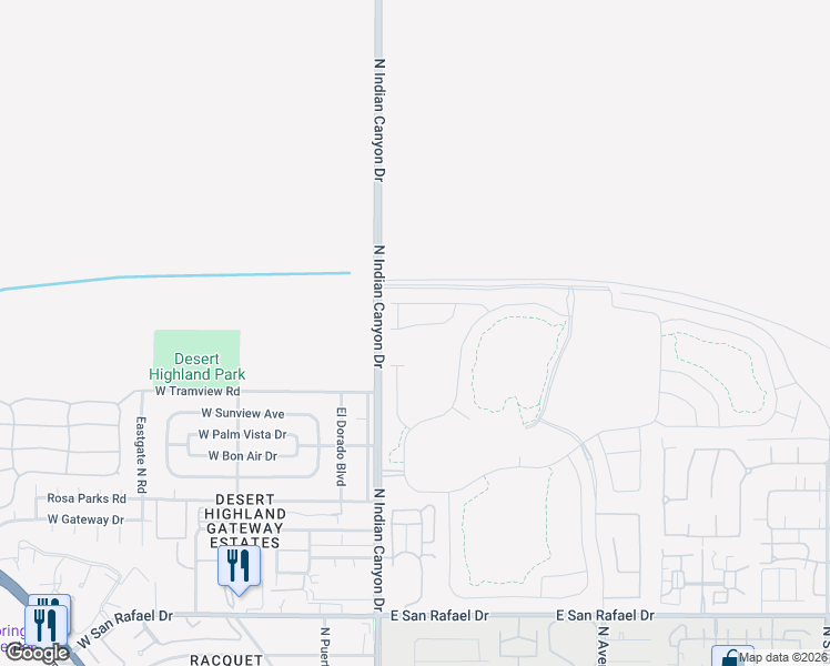 map of restaurants, bars, coffee shops, grocery stores, and more near 229 Mustang Lane in Palm Springs