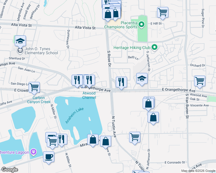 map of restaurants, bars, coffee shops, grocery stores, and more near 248 Pasteur Place in Placentia