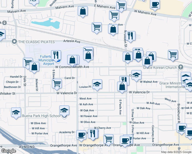 map of restaurants, bars, coffee shops, grocery stores, and more near 137 South Pritchard Avenue in Fullerton
