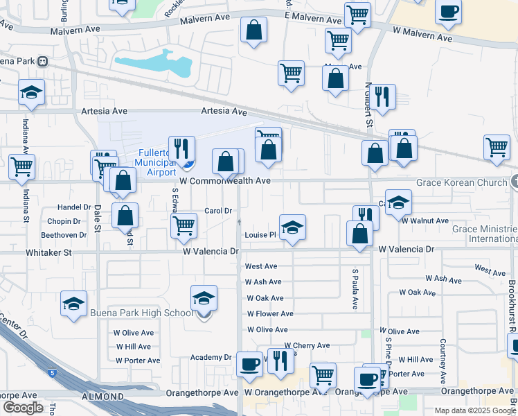 map of restaurants, bars, coffee shops, grocery stores, and more near 147 Thompson Avenue in Fullerton