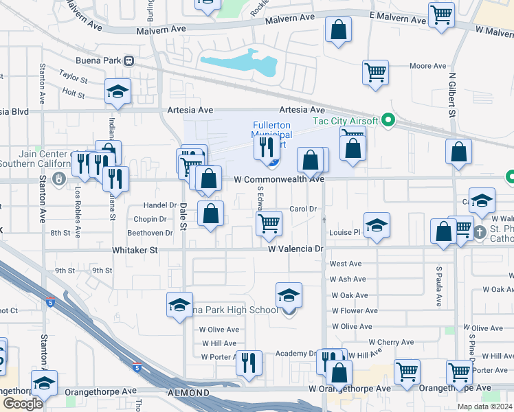 map of restaurants, bars, coffee shops, grocery stores, and more near 149 South Edward Avenue in Fullerton