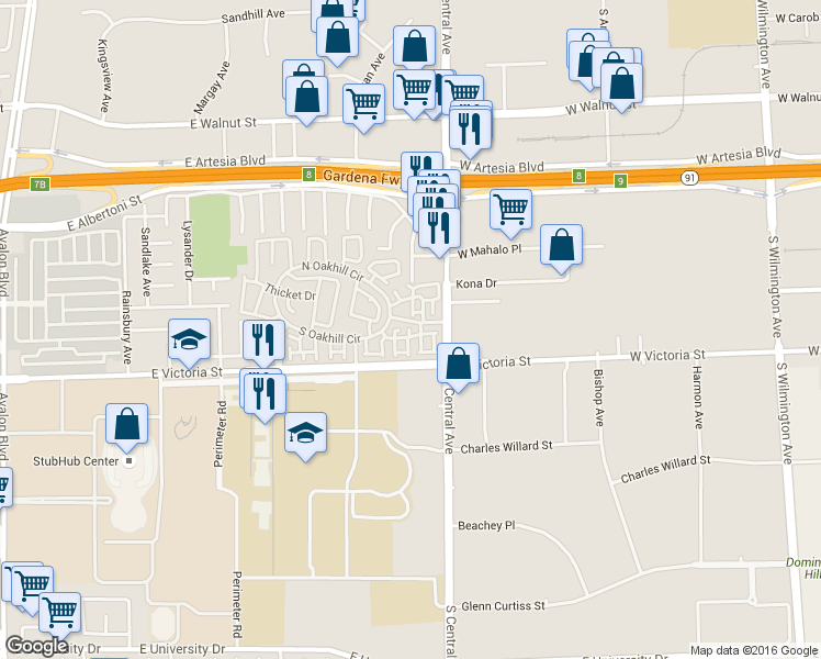 map of restaurants, bars, coffee shops, grocery stores, and more near 17812 Poplar Court in Carson