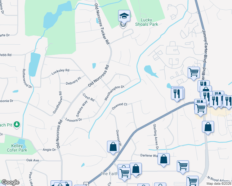 map of restaurants, bars, coffee shops, grocery stores, and more near 4626 Oswood Court in Tucker