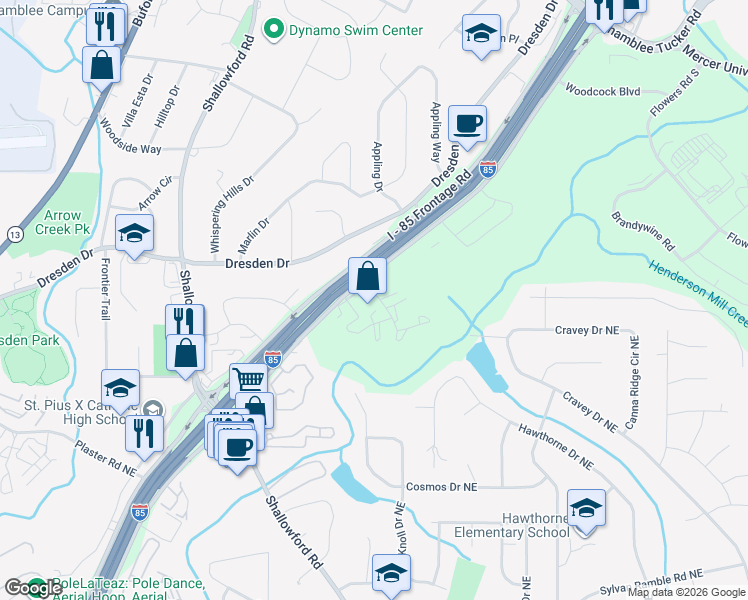 map of restaurants, bars, coffee shops, grocery stores, and more near 3113 Colonial Way in Atlanta