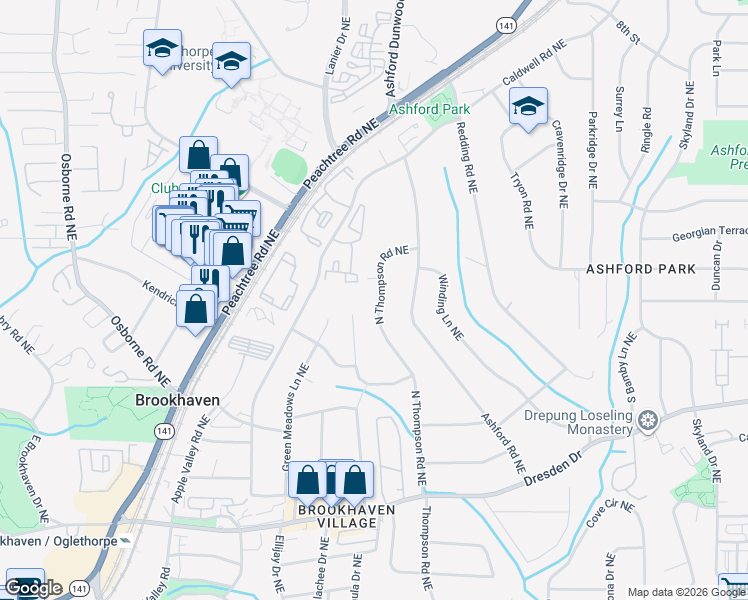 map of restaurants, bars, coffee shops, grocery stores, and more near 2790 North Thompson Road Northeast in Atlanta