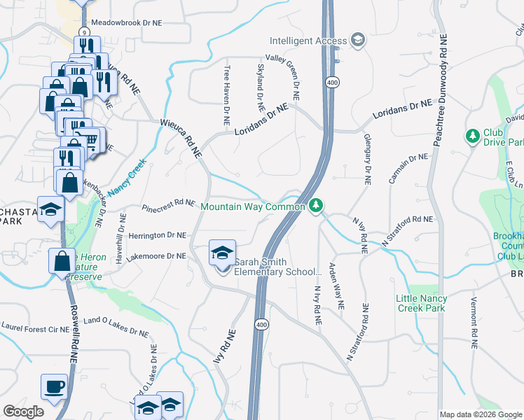 map of restaurants, bars, coffee shops, grocery stores, and more near 585 Mountain Way Northeast in Atlanta